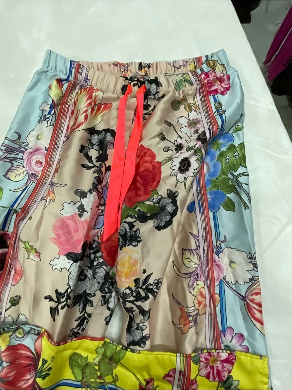 Rare Victoria's Secret Beige Floral Satin Top with Pink and Yellow Accents